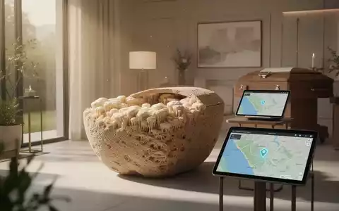A biodegradable mushroom-based coffin next to a digital tablet displaying a tracking app, in a modern, serene setting. - Foto: über boerse-global.de