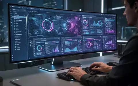 A close-up of a futuristic ultrawide computer monitor displaying multiple windows, illustrating advanced window management for productivity. - Foto: ĂĽber boerse-global.de