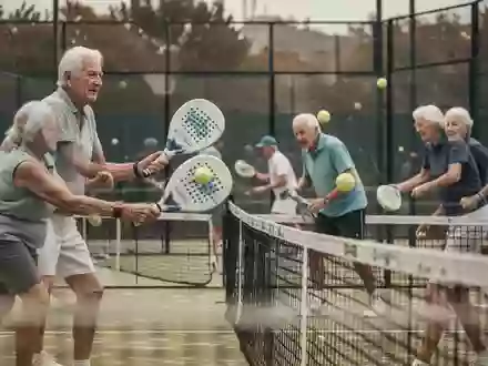 Senioren spielen Padel-Tennis auf einem modernen Außenplatz, der von einer Glaswand umgeben ist. Die Szene ist hell beleuchtet. - Foto: über boerse-global.de