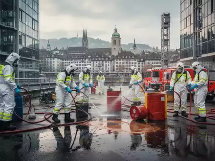Einsatzkräfte in Schutzanzügen reagieren auf einen Chemieunfall in einer modernen Stadt, im Hintergrund die Skyline von Zürich. - Foto: über boerse-global.de