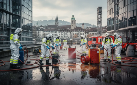 Einsatzkräfte in Schutzanzügen reagieren auf einen Chemieunfall in einer modernen Stadt, im Hintergrund die Skyline von Zürich. - Foto: über boerse-global.de