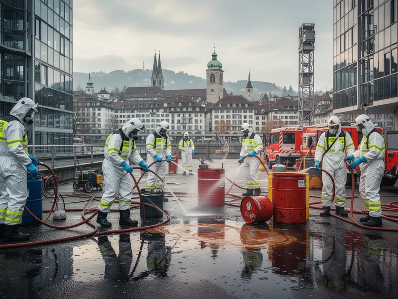 Einsatzkräfte in Schutzanzügen reagieren auf einen Chemieunfall in einer modernen Stadt, im Hintergrund die Skyline von Zürich. - Foto: über boerse-global.de
