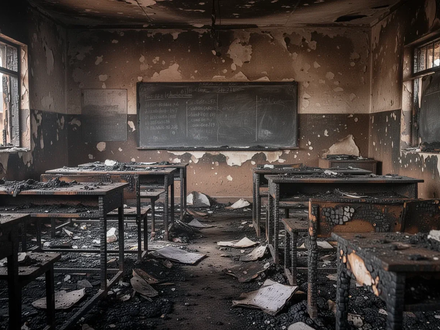 Ein verkohltes und beschädigtes Klassenzimmer in Kenia nach einem Brand, mit verstreuten Trümmern und verbrannten Möbeln. - Foto: über boerse-global.de