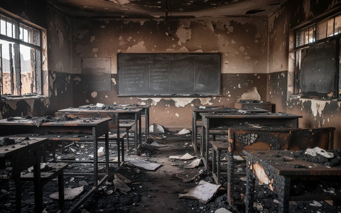 Ein verkohltes und beschädigtes Klassenzimmer in Kenia nach einem Brand, mit verstreuten Trümmern und verbrannten Möbeln. - Foto: über boerse-global.de