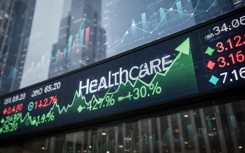 Ein stilisierter Börsenticker mit positiven Trends für das Gesundheitswesen und abstrakten Datendarstellungen im Hintergrund. - Foto: über boerse-global.de