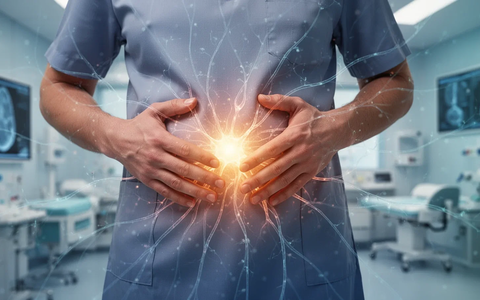 Hands touching a stomach, with subtle glowing lines representing neural connections and intuition, symbolizing body-mind connection. - Foto: über boerse-global.de