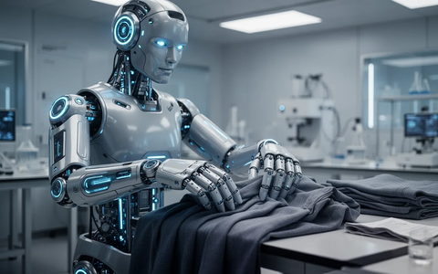 A humanoid robot with glowing blue accents precisely folds clothing in a high-tech lab, symbolizing advanced AI and robotics. - Foto: über boerse-global.de