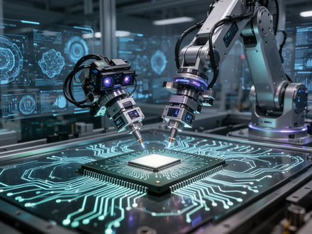 A robotic arm precisely working on a microchip on an assembly line, surrounded by data visualizations, symbolizing AI in industry. - Foto: über boerse-global.de