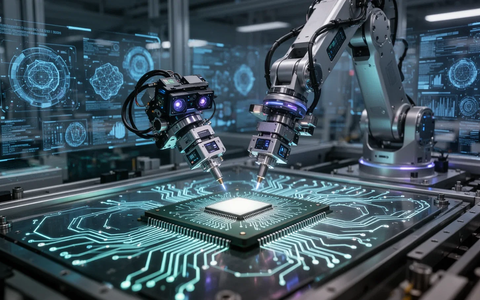 A robotic arm precisely working on a microchip on an assembly line, surrounded by data visualizations, symbolizing AI in industry. - Foto: über boerse-global.de