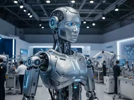 A sophisticated humanoid robot with visible actuators and sensors, standing in a modern, well-lit exhibition hall. - Foto: über boerse-global.de