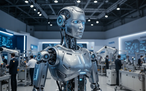 A sophisticated humanoid robot with visible actuators and sensors, standing in a modern, well-lit exhibition hall. - Foto: über boerse-global.de