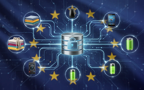 Digital product passports: glowing lines connect product icons to a central database, with the EU flag in the background. - Foto: über boerse-global.de