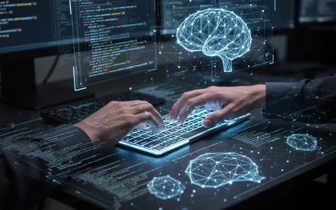 Developer's hands over a keyboard, with code and AI network visualizations projected onto a desk and a holographic display. - Foto: über boerse-global.de