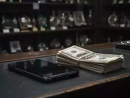 Dunkle Aufnahme eines Smartphones und eines Geldstapels auf einer Theke in einem Pfandhaus. Im Hintergrund sind Regale mit Gegenständen. - Foto: über boerse-global.de