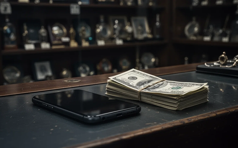 Dunkle Aufnahme eines Smartphones und eines Geldstapels auf einer Theke in einem Pfandhaus. Im Hintergrund sind Regale mit Gegenständen. - Foto: über boerse-global.de