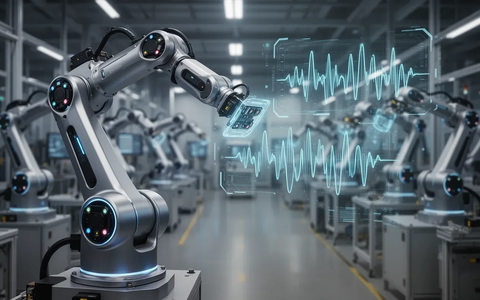 Ein moderner Roboterarm, gesteuert durch eine holografische Sprachschnittstelle, symbolisiert die Zusammenarbeit von FANUC und Google. - Foto: über boerse-global.de