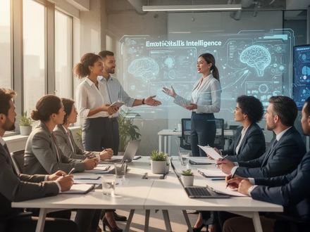 Eine Gruppe von Geschäftsleuten nimmt an einem Soft-Skills-Training in einem modernen Büro teil, wobei der Schwerpunkt auf Kommunikation und Führung liegt. - Foto: über boerse-global.de