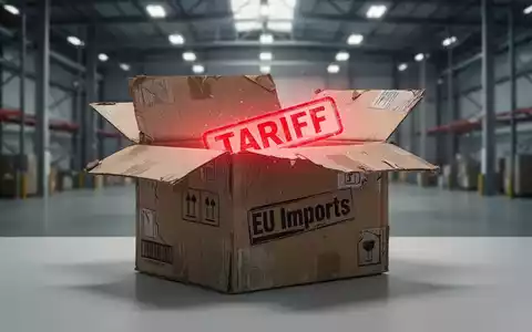 Ein teilweise geöffneter Versandkarton mit der Aufschrift „EU-Importe“ und einem roten „TARIFF“-Stempel im Inneren, der Spannung und wirtschaftliche Reibung symbolisiert. - Foto: über boerse-global.de