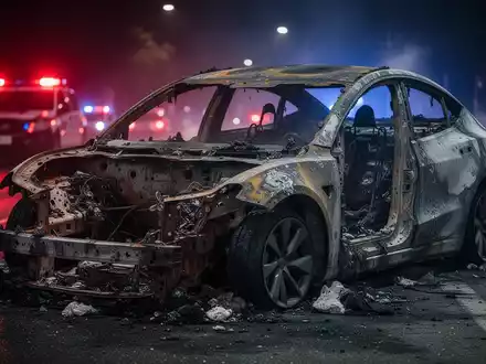 A burnt-out electric car on a dark street at night, with emergency lights in the blurred background. The car is charred and twisted. - Foto: über boerse-global.de