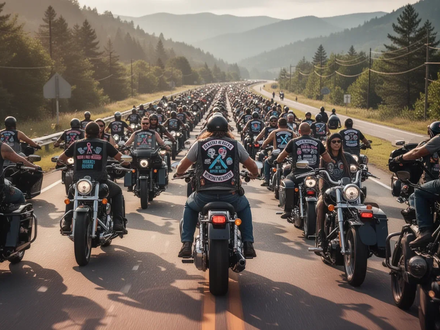 Hunderte Biker fahren gemeinsam auf einer malerischen Straße, einige tragen Aufnäher zur Förderung des Bewusstseins für psychische Gesundheit. - Foto: über boerse-global.de