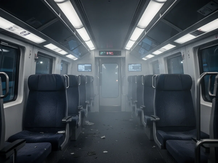 An empty ICE train carriage at night, softly lit, with a faint haze, hinting at a recent evacuation due to a mysterious incident. - Foto: über boerse-global.de