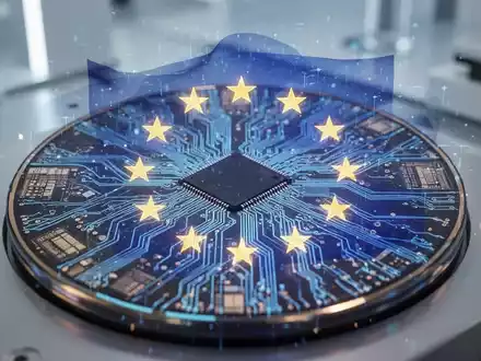 Nahaufnahme eines Halbleiter-Wafers mit komplexen Schaltkreisen und einer dezenten holografischen EU-Flagge, die Technologie und Industriepolitik symbolisiert. - Foto: über boerse-global.de