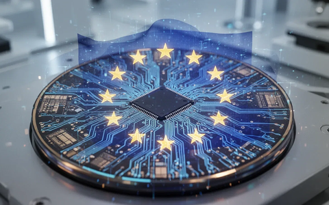 Nahaufnahme eines Halbleiter-Wafers mit komplexen Schaltkreisen und einer dezenten holografischen EU-Flagge, die Technologie und Industriepolitik symbolisiert. - Foto: über boerse-global.de