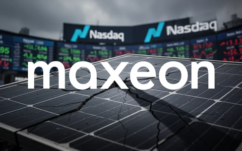 Ein zerbrochenes Solarpanel wirft einen langen Schatten auf einen unscharfen Nasdaq-Ticker, der ein Delisting symbolisiert. - Foto: über boerse-global.de