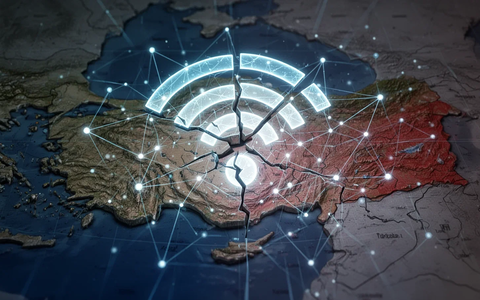 A stylized map of Turkey with a broken network signal icon, representing telecommunications disruptions and eSIM service blockage. - Foto: über boerse-global.de