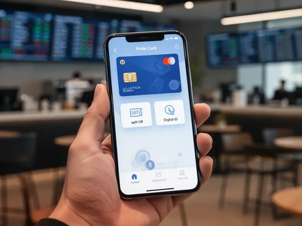 Nahaufnahme einer Hand, die ein Smartphone mit einer digitalen Geldbörse hält, auf der Symbole für Rechnungsaufteilung und digitale Pässe zu sehen sind. - Foto: über boerse-global.de
