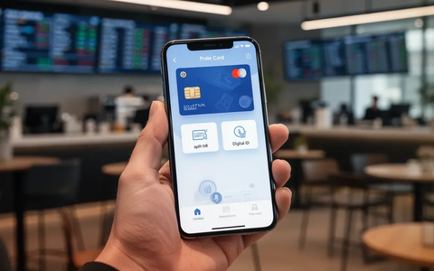 Nahaufnahme einer Hand, die ein Smartphone mit einer digitalen Geldbörse hält, auf der Symbole für Rechnungsaufteilung und digitale Pässe zu sehen sind. - Foto: über boerse-global.de
