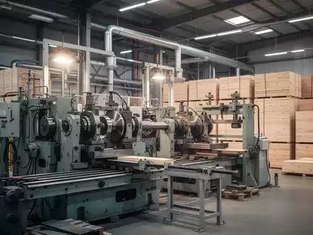 Industrial machinery in a factory, with stacked wood panels. Illustrates the wood industry's manufacturing and labor aspects. - Foto: über boerse-global.de