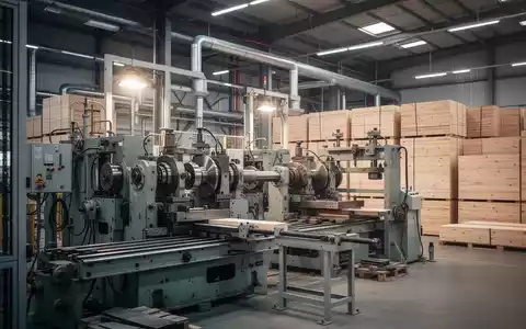 Industrial machinery in a factory, with stacked wood panels. Illustrates the wood industry's manufacturing and labor aspects. - Foto: über boerse-global.de