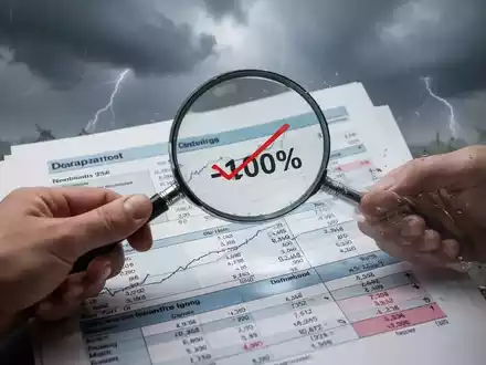 Eine Hand hält eine Lupe über einen Finanzbericht, der einen Rückgang von 11 Prozent zeigt, mit einem verschwommenen Hintergrund einer Sturmszene. - Foto: über boerse-global.de