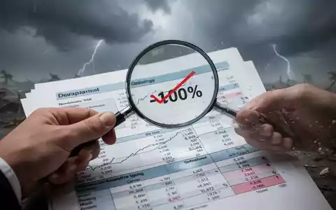 Eine Hand hält eine Lupe über einen Finanzbericht, der einen Rückgang von 11 Prozent zeigt, mit einem verschwommenen Hintergrund einer Sturmszene. - Foto: über boerse-global.de