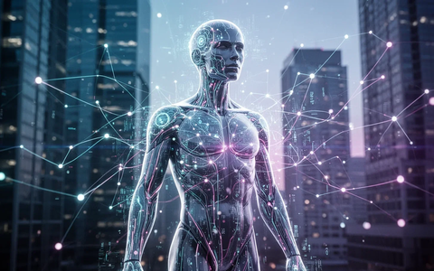 Digitale Verbindungen und Datenströme über einer menschlichen Silhouette, symbolisierend KI-Agenten und Autonomie-Offensive von Tech-Firmen. - Foto: über boerse-global.de
