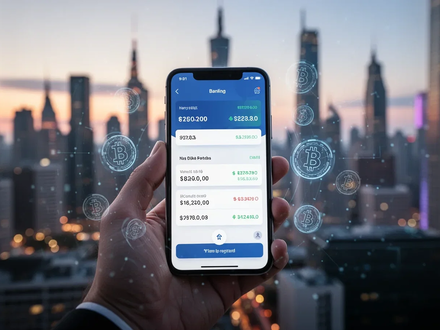 Eine Hand hält ein Smartphone mit einer Banking-App, die eine hohe Transaktion anzeigt, vor internationalen Skylines. - Foto: über boerse-global.de