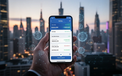 Eine Hand hält ein Smartphone mit einer Banking-App, die eine hohe Transaktion anzeigt, vor internationalen Skylines. - Foto: über boerse-global.de