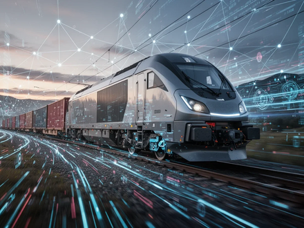Ein Güterzug mit digitaler automatischer Kupplung fährt durch eine Landschaft, die mit digitalen Netzwerkgrafiken überlagert ist. - Foto: über boerse-global.de