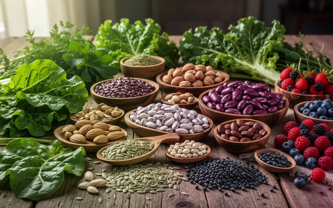 Eine Nahaufnahme einer bunten Auswahl an frischem Gemüse, Obst, Nüssen und Hülsenfrüchten, appetitlich auf einem Holztisch arrangiert. - Foto: über boerse-global.de
