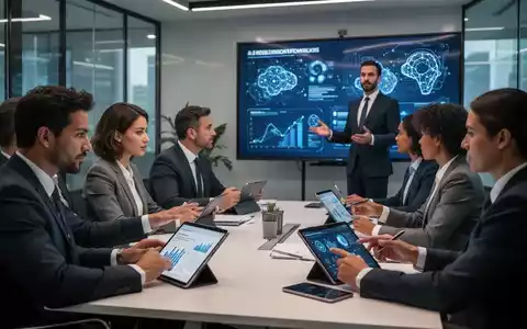 Geschäftsleute in einem modernen Büro nehmen an einer Schulung zu KI-Vorschriften teil, mit Fokus auf Interaktion und digitale Geräte. - Foto: über boerse-global.de