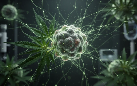 Abstrakte Darstellung von medizinischem Cannabis, das mit einem mikroskopischen Tumor interagiert, symbolisiert durch grüne Linien und Lichteffekte. - Foto: über boerse-global.de