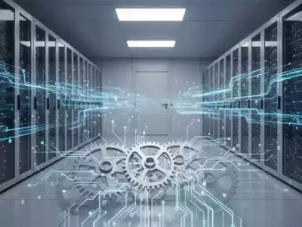 Ein modernes Rechenzentrum mit blauen Datenströmen und abstrakten Zahnrädern, die Druck- und digitale Technologien verbinden. - Foto: über boerse-global.de