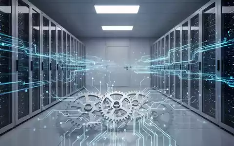 Ein modernes Rechenzentrum mit blauen Datenströmen und abstrakten Zahnrädern, die Druck- und digitale Technologien verbinden. - Foto: über boerse-global.de