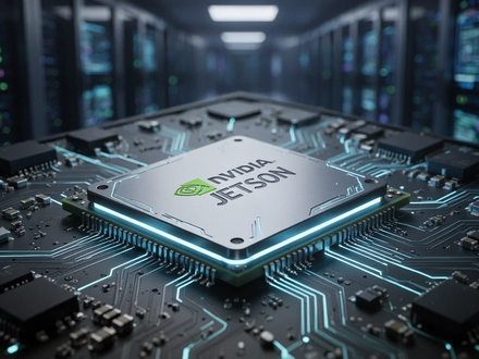 Ein futuristisches Nvidia Jetson Modul leuchtet blau auf einer komplexen Platine, symbolisch für Edge-KI und fortschrittliche Technologie. - Foto: über boerse-global.de