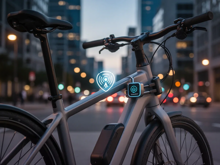 Ein modernes E-Bike, das mit einem intelligenten Schloss und einem dezenten GPS-Tracker-Symbol in einer städtischen Umgebung bei Dämmerung gesichert ist. - Foto: über boerse-global.de