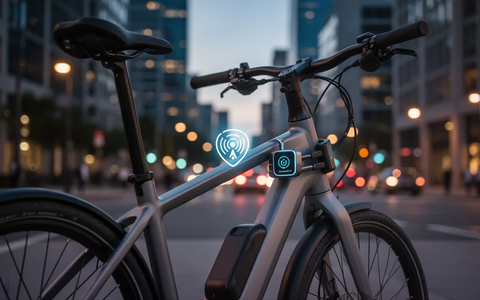 Ein modernes E-Bike, das mit einem intelligenten Schloss und einem dezenten GPS-Tracker-Symbol in einer städtischen Umgebung bei Dämmerung gesichert ist. - Foto: über boerse-global.de
