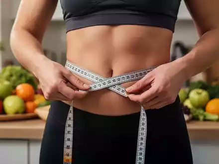 Hände halten ein Maßband um eine Taille, mit unscharfem Hintergrund von gesunden Lebensmitteln auf einer Küchentheke. - Foto: über boerse-global.de