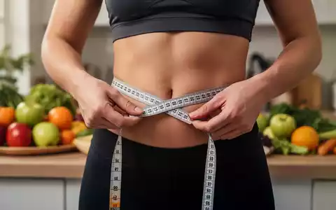 Hände halten ein Maßband um eine Taille, mit unscharfem Hintergrund von gesunden Lebensmitteln auf einer Küchentheke. - Foto: über boerse-global.de