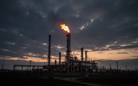 Ölraffinerie oder Gasfackel bei Sonnenuntergang, die einen Rückgang oder eine Aufgabe der Aktivität andeutet. - Foto: über boerse-global.de